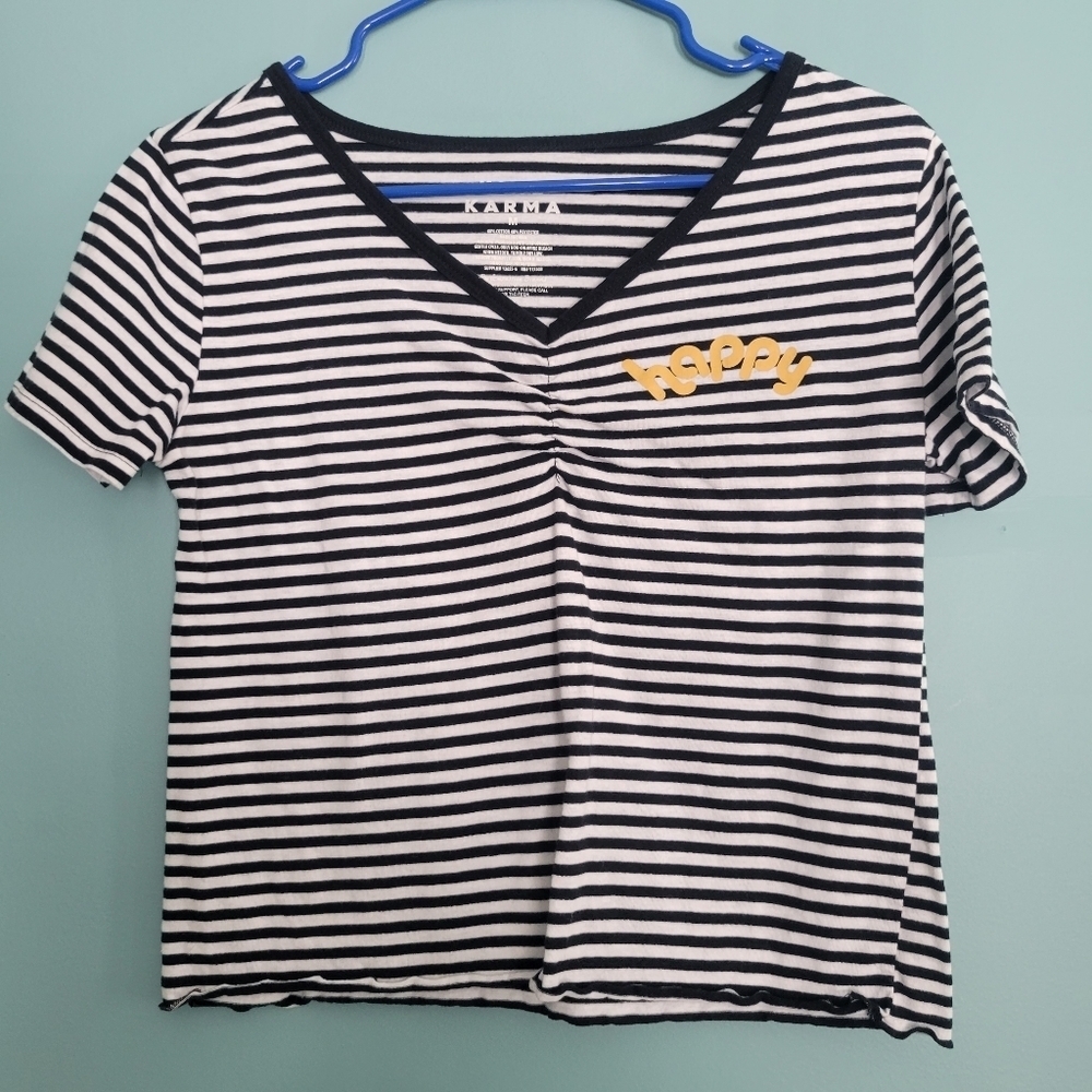 💎 Kind Karma Top Short Sleeve Striped, Happy Logo, Cropped, Blue/White